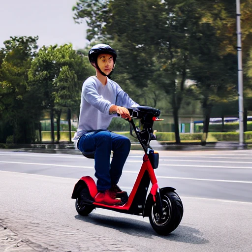 Realistic photo of 华强 realistic, driving a electric scooter, extremely detailed, natural light, 8k, full body