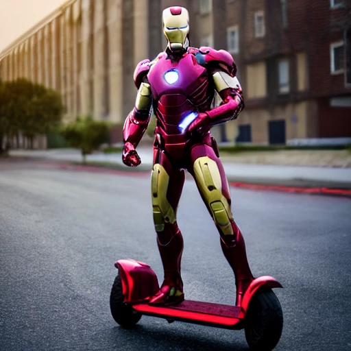 Realistic photo of iron man realistic, driving a electric scooter, extremely detailed, natural light, 8k, full body