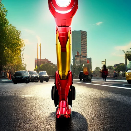 Realistic photo of iron man realistic, driving a electric scooter, extremely detailed, natural light, 8k, full body, on a city road wait traffic light green