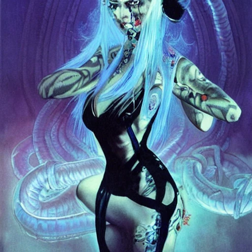 beautiful woman, smooth white skin, diamond face, blue punk hairstyle, fierce expression, striking pose, taut and well-defined body, attractive. She is dressed in a modest pink-blue and black. Punk style. Frank Frazetta illustration Fine art in high detail, hyperrealistic, realism, beautiful woman, surrounded by serpents, behind her are snakes and misty atmosphere, fine art in Frank Frazetta style, high resolution, 4k, 8k --no black hair --no blond hair