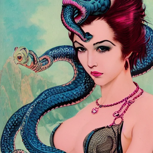 beautiful woman, smooth white skin, diamond face, blue punk hairstyle, fierce expression, striking pose, taut and well-defined body, attractive. She is dressed in a modest pink-blue and black. Punk style. Frank Frazetta illustration Fine art in high detail, hyperrealistic, realism, beautiful woman, surrounded by serpents, behind her are snakes and misty atmosphere, fine art in Frank Frazetta style, high resolution, 4k, 8k --no black hair --no blond hair, 3D