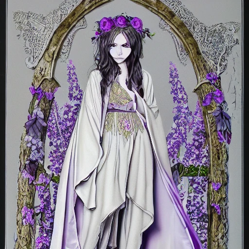 a highly detailed realistic perfect image of a short, slender, fragile perfect elf female with fair skin, with lilac eyes, with dark long curly hair, a wreath of purple natural flowers on her head, dressed in dark clothes - trousers, a shirt, in a dark priest's dark robe, a cloak with a hood, very detailed, intricate, maximal detailed illustration, iridescent accents, ray tracing, product lighting, sharp, smooth, masterpiece, dark color, hdr, mystery background, full portrait, detailed face, perfect hands, perfect image