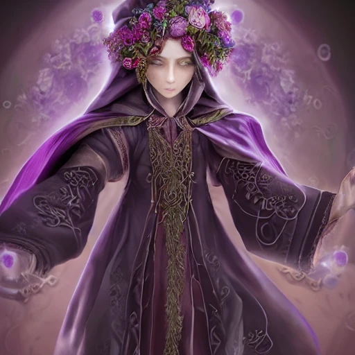 a highly detailed realistic perfect image of a short, slender, fragile perfect elf female with fair skin, with lilac eyes, with dark long curly hair, a wreath of purple natural flowers on her head, dressed in dark clothes - trousers, a shirt, in a dark priest's dark robe, a cloak with a hood, very detailed, maximal detailed illustration, iridescent accents, ray tracing, product lighting, sharp, smooth, masterpiece, dark color, hdr, mystery background, perfect full portrait, detailed face, perfect hands, perfect image