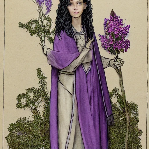 a realistic perfect image of a short, slender, fragile perfect elf female with fair skin, with lilac eyes, with dark long curly hair, a wreath of purple natural flowers on her head, dressed in dark clothes - trousers, a shirt, in a dark priest's brown robe, a cloak with a hood, very detailed, maximal detailed illustration, iridescent accents, ray tracing, product lighting, sharp, smooth, masterpiece, dark color, hdr, mystery background, perfect full portrait, detailed face, perfect hands, perfect image