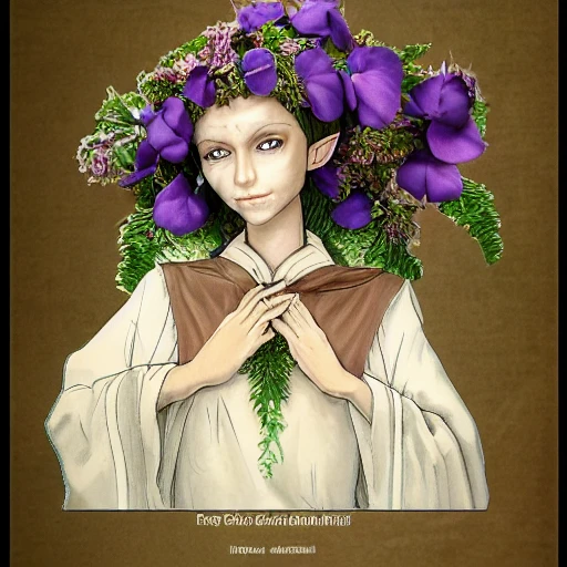 a realistic perfect image of a short, slender, fragile perfect beauty elf female with fair skin, with lilac eyes, with dark long curly hair, a wreath of purple natural flowers on her head, dressed in dark clothes - trousers, a shirt, in a dark priest's brown robe, a cloak with a hood, very detailed, maximal detailed illustration, iridescent accents, ray tracing, product lighting, sharp, smooth, masterpiece, dark color, hdr, mystery background, perfect full portrait, detailed face, perfect hands, perfect image, perfect face, detailed eyes, perfect eyes