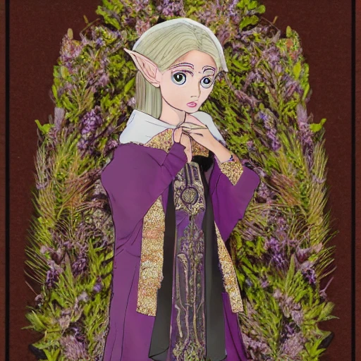 a realistic perfect image of a short, slender, fragile perfect beauty elf female with fair skin, with lilac eyes, with dark long curly hair, a wreath of purple natural flowers on her head, dressed in dark clothes - trousers, a shirt, in a dark priest's brown robe, a cloak with a hood, very detailed, maximal detailed illustration, iridescent accents, ray tracing, product lighting, sharp, smooth, masterpiece, dark color, hdr, mystery background, perfect full portrait, detailed face, perfect hands, perfect image, perfect face, detailed eyes, perfect eyes, face, detailed, intricate, elegant, highly detailed, digital painting, artstation, concept art, smooth, sharp focus, illustration, art by Sam Spratt, Dan Mumford, Artem Demura and Alphonse Mucha