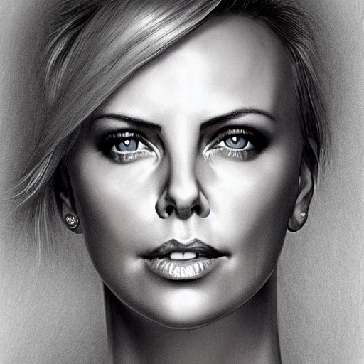 Charlize Theron photo, full body,  ultra realistic perfect eyes, perfect face, perfect nose, nasty lips, HDR, ultra detailed , pencil sketch