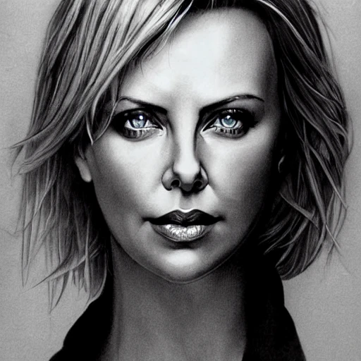 Charlize Theron photo, full body, view, ultra realistic perfect eyes, perfect face, perfect nose, nasty lips, perfect body, breast exposed, HDR, ultra detailed , pencil sketch