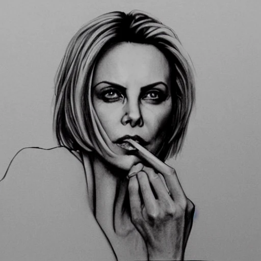 Charlize Theron, smoking a cigarette, draw, full body, view, ultra realistic perfect eyes, perfect face, perfect nose, nasty lips, smoke, perfect body, breast exposed,, ultra detailed , Pencil Sketch