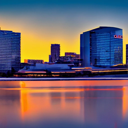 Many buildings with Oracle company logo in a beautiful sunset