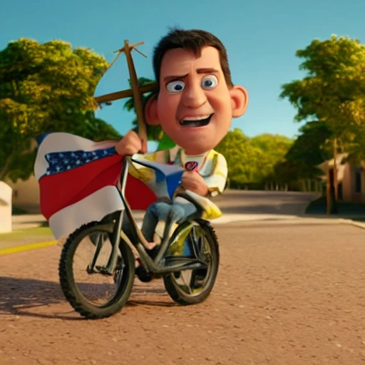 Jesucrist in a pixar movie riding a kid bike with flags  3 d rendering. unreal engine. amazing likeness. very detailed. cartoon caricature.