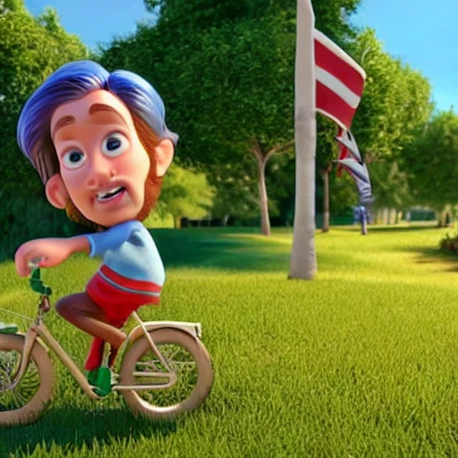 Jesus Christ in a pixar movie riding a kid bike with flags  3 d rendering. unreal engine. amazing likeness. very detailed. cartoon caricature.