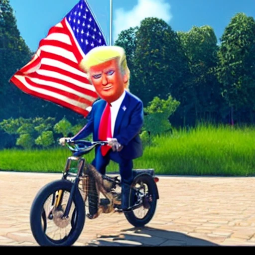 Donald Trump in a pixar movie riding a kid bike with flags  3 d rendering. unreal engine. amazing likeness. very detailed. cartoon caricature.