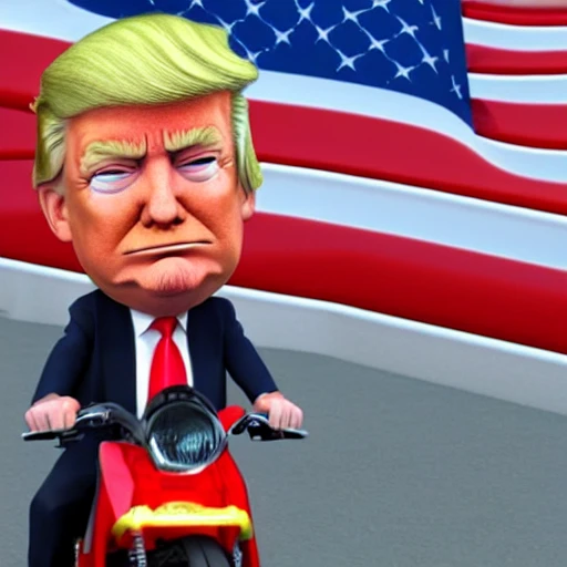 Donald Trump in a pixar movie riding a kid bike with flags  3 d rendering. unreal engine. amazing likeness. very detailed. cartoon caricature.
