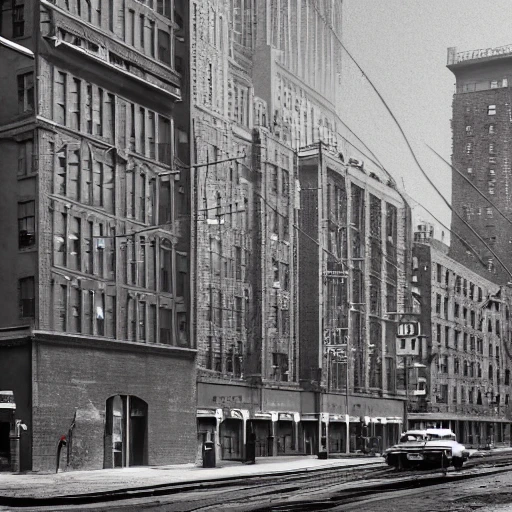 hyper realistic photo, new-york at 1960's, city street, old industrial building, hyper detailed, 8k resolution, cinamatic lighting