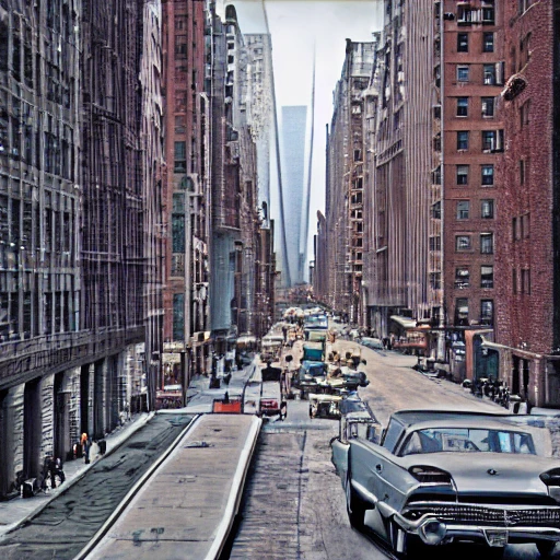 hyper realistic photo, new-york at 1960's, city street, old industrial building, World Trade Center, hyper detailed, 8k resolution, cinamatic lighting