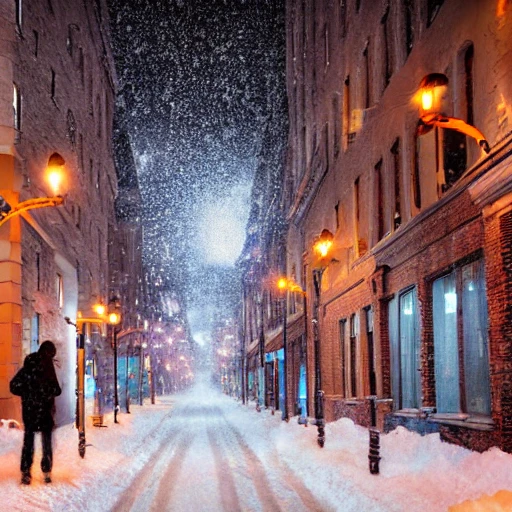 hyper realistic photo, montreal city, city street, snow, winter, hyper detailed, 8k resolution, cinematic lighting