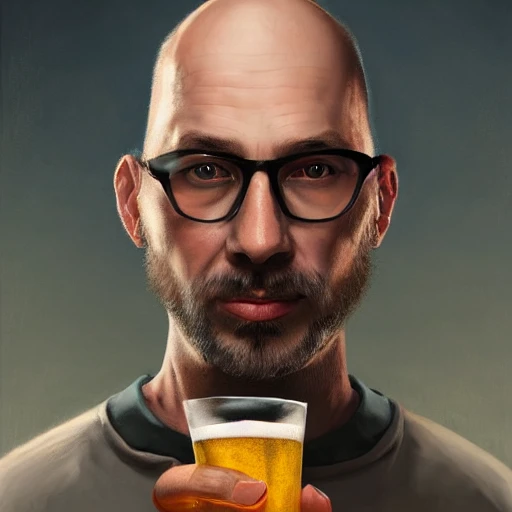 realistic portrait of a bald man holding a glass of beer, tshirt, highly detailed, digital painting, in the background the archaeological park of Syracuse, trending on artstation, pixiv, concept art, sharp focus, illustration, art by Ross Tran and Greg Rutkowski --9:16