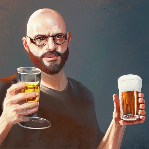 realistic portrait of a bald man holding a glass of beer, tshirt, highly detailed, digital painting, in the background the archaeological park of Syracuse, trending on artstation, pixiv, concept art, sharp focus, illustration, art by Ross Tran and Greg Rutkowski --9:16