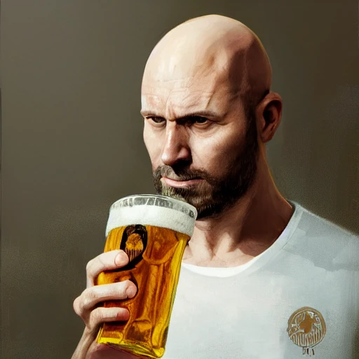 realistic portrait of a bald man holding a glass of beer, tshirt, highly detailed, digital painting, in the background the archaeological park of Syracuse, trending on artstation, pixiv, concept art, sharp focus, illustration, art by Ross Tran and Greg Rutkowski --9:16