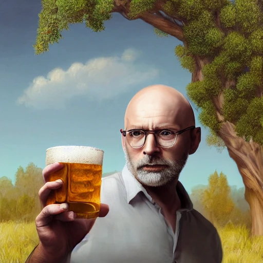 realistic portrait of a bald man holding a glass of beer in the archaeological park of Syracuse, tshirt, highly detailed, digital painting, in the background the archaeological park of Syracuse, trending on artstation, pixiv, concept art, sharp focus, illustration, art by Ross Tran and Greg Rutkowski --9:16