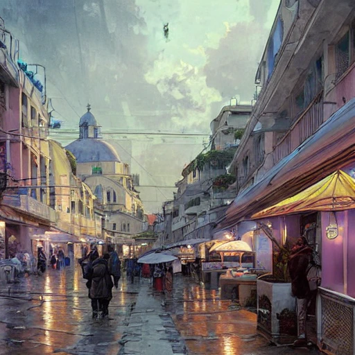 Downtown of an island city resembling Thessaloniki, positano, and Genova at afternoon, cold city, winter, cyberpunk cars, purple sky, sweet clouds, intricate, elegant, highly detailed, digital painting, artstation, concept art, smooth, sharp focus, art by krenz cushart and artem demura and alphonse mucha,