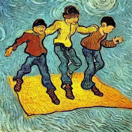 three boys flying on a magic carpet, by vincent van gogh