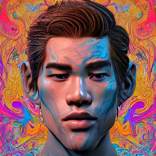 jacodden, the face of a ridiculously handsome and asain man partially made of onion rings of all colors looking up, an ultrafine detailed illustration by james jean, final fantasy, intricate linework, bright colors, behance contest winner, vanitas, angular, altermodern, unreal engine 5 highly rendered, global illumination, radiant light, detailed and intricate environment 
