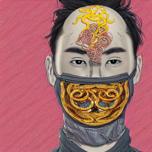 jacodden, the face of a ridiculously handsome and asain man partially made of onion rings of all colors looking up and wearing a face mask holding a camera, an ultrafine detailed illustration by james jean, final fantasy, intricate linework, bright colors, behance contest winner, vanitas, angular, altermodern, unreal engine 5 highly rendered, global illumination, radiant light, detailed and intricate environment 