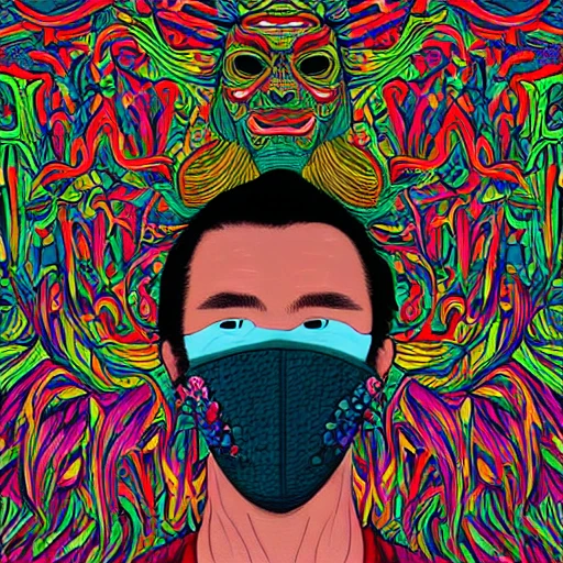 , the face of a ridiculously handsome and asain man partially made of onion rings of all colors looking up and wearing a face mask holding a camera and has a man bun, an ultrafine detailed illustration by james jean, final fantasy, intricate linework, bright colors, behance contest winner, vanitas, angular, altermodern, unreal engine 5 highly rendered, global illumination, radiant light, detailed and intricate environment, looking through the lens of a sony camera. has jacodden tattooed on him