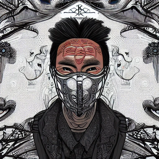 , the face of a ridiculously handsome and asain man partially made of onion rings of all colors looking up and wearing a face mask holding a camera and has a man bun, an ultrafine detailed illustration by james jean, final fantasy, intricate linework, bright colors, behance contest winner, vanitas, angular, altermodern, unreal engine 5 highly rendered, global illumination, radiant light, detailed and intricate environment, looking through the lens of a sony camera. has jacodden tattooed on him