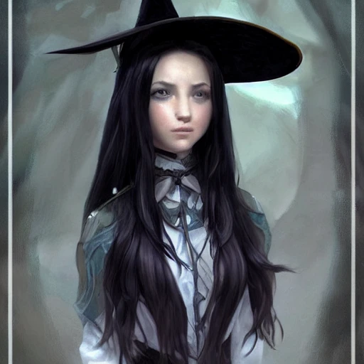 realistic portrait of a young woman, long black hair, d&d magic, witch craft, fantasy, dark magical school student uniform, highly detailed, digital painting, trending on artstation, pixiv, concept art, sharp focus, illustration, art by Ross Tran and Greg Rutkowski