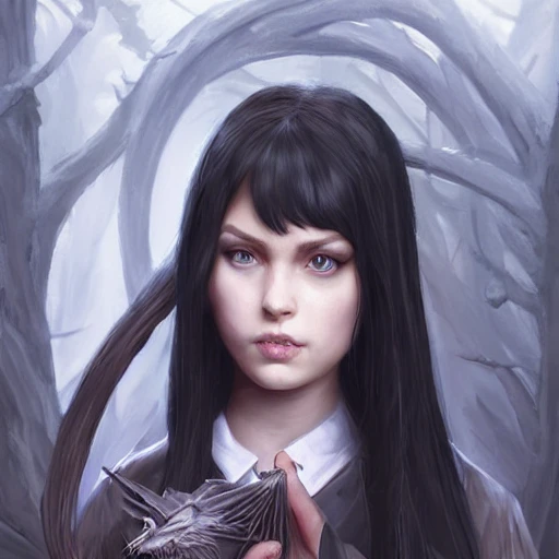 realistic portrait of a young woman, long black hair, d&d magic, witch craft, fantasy, dark magical school student uniform, highly detailed, digital painting, trending on artstation, pixiv, concept art, sharp focus, illustration, art by Ross Tran and Greg Rutkowski