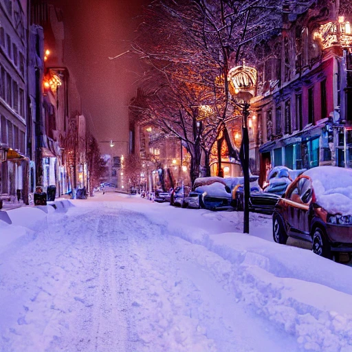 hyper realistic photo, montreal city, city street, snow, winter, hyper detailed, 8k resolution, cinematic lighting