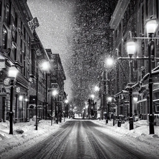 black and white, hyper realistic photo, montreal city, city street, snow, winter, at the day, hyper detailed, 8k resolution, cinematic lighting