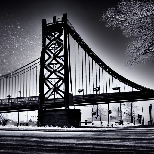 black and white, hyper realistic photo, montreal city, city street, jacques-cartier bridge, snow, winter, at the day, sun, hyper detailed, 8k resolution, cinematic lighting