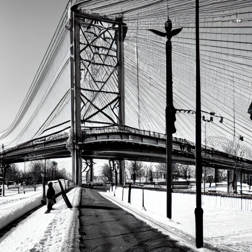 black and white, hyper realistic photo, montreal city, city street, jacques-cartier bridge, winter, at the day, sun, hyper detailed, 8k resolution, cinematic lighting