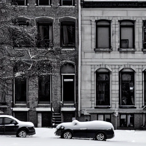 black and white, hyper realistic photo, montreal city, city street, houses, shop, winter, at the day, sun, hyper detailed, 8k resolution, cinematic lighting