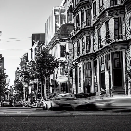 black and white, hyper realistic photo, montreal city, city street, houses, summer, at the day, sun, hyper detailed, 8k resolution, cinematic lighting