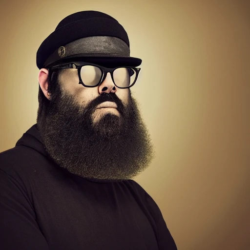 hyper realistic photo, portrait, man with a big black beard, black glasses, black hat, hyper detailed, 8k resolution, cinematic lighting