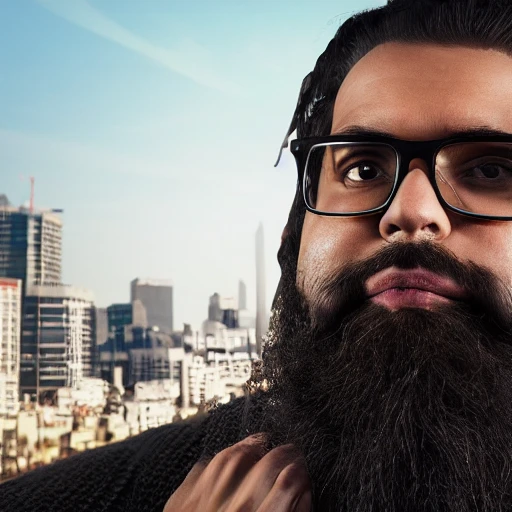 hyper realistic photo, portrait, center head, man with a big black beard, black glasses, black helmet, hyper detailed, 8k resolution, cinematic lighting