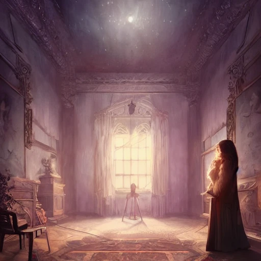 museum witch  looking at image portraits on museum walls with stars and hanging silk drapery and tapestries, light dust, magnificent, close up, sharp focus, elegant, highly detailed, illustration, by jordan grimmer greg rutkowski wlop maya takamura, intricate, trending artstation, pixiv, digital art , 3D