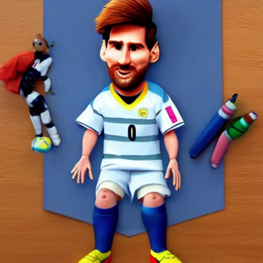 Pencil Sketch Leo Messi in a pixar movie playing with dolls 3 d rendering. unreal engine. amazing likeness. very detailed. cartoon caricature.