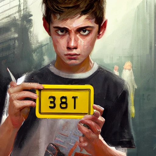 Professional painting of an teen holding a license plate with ba