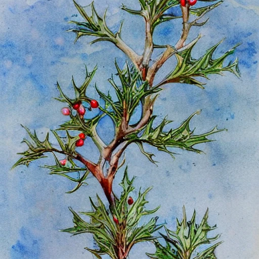 realistic watercolor painting of a branch of holly on a white background, detailed art by kay nielsen and walter crane, illustration style, watercolor, Water Color