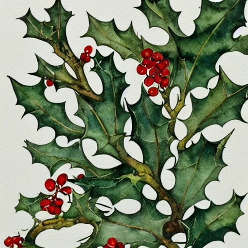 realistic watercolor painting of a branch of holly on a white background, detailed art by kay nielsen and walter crane, illustration style, watercolor,, 3D