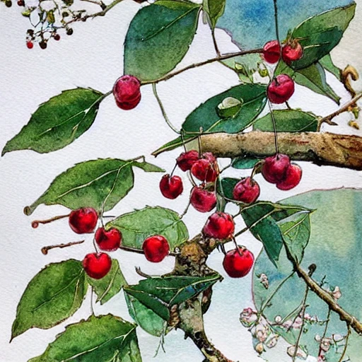 realistic watercolor painting of a branch of cherry on a white background, detailed art by kay nielsen and walter crane, illustration style, watercolor,, 3D