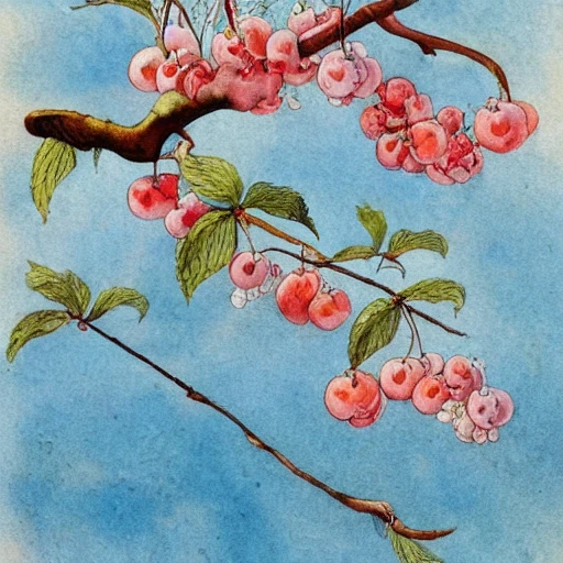 realistic watercolor painting of a branch of cherry on a white background, detailed art by kay nielsen and walter crane, illustration style, watercolor,, 3D