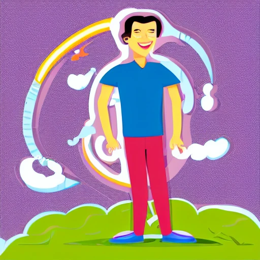 handsome man standing on planet, mocking, laughing, storm around man, vector logo design, Cartoon