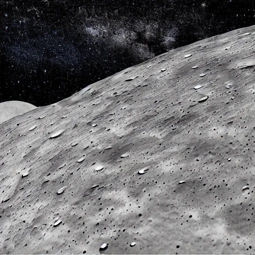 paysage lunaire, vaisseau spatial, cratères lunaire, planète terre en arrière plan avec des planètes autour, étoiles brillant dans un ciel noir, , Trippy